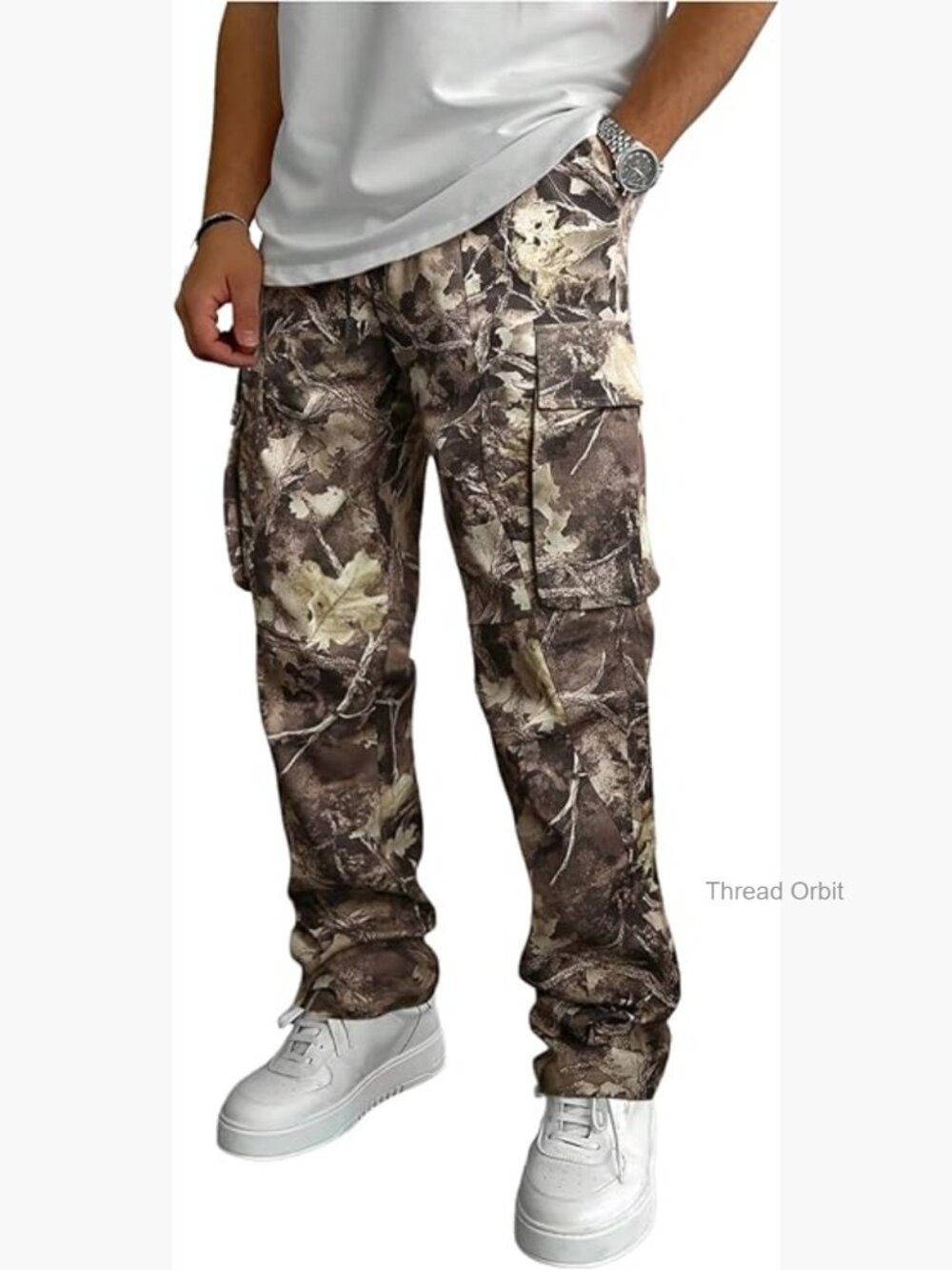 Men's Camo Drawstring Waist Cargo Pants Allover Print Long Trousers with Pockets